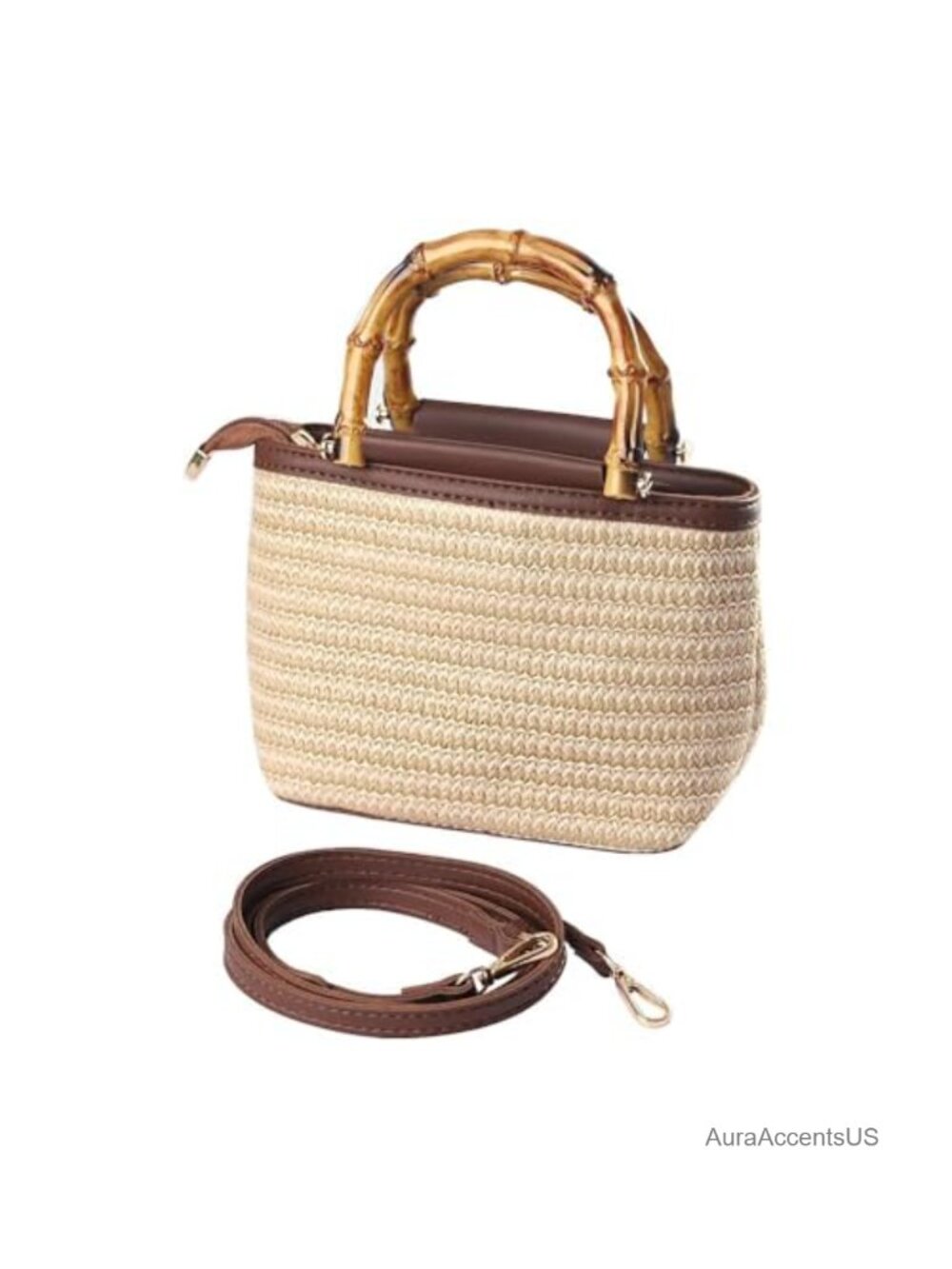 Straw Crossbody Bag Woven Bamboo Handle Adjustable Strap Boho Shoulder Purse